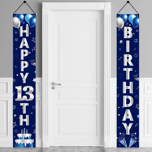 Turypaty Blue Silver 13th Birthday Door Banner Decorations, Happy 13 Birthday Party Porch Banner for Boys, Sweet 13 Year Old Birthday Party Supplies