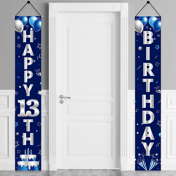Turypaty Blue Silver 13th Birthday Door Banner Decorations, Happy 13 Birthday Party Porch Banner for Boys, Sweet 13 Year Old Birthday Party Supplies