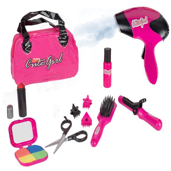 Big Mo’s Toys Kids Beauty Makeup and Hair Salon Set, Girls Pretend Play Toy with Cosmetic Bag, Hairdryer, Curling Iron, Blush Pallet with Mirror, Lipstick & Styling Accessories, 12 Piece Kit