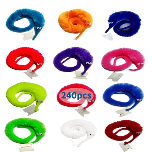 LE TOOTER 240 Pack Fuzzy Worm Toys String Pets, Rainbow Fuzzy Worms On String Bulk Trick Toy Party Favors for Kid Cat (12 Colors)