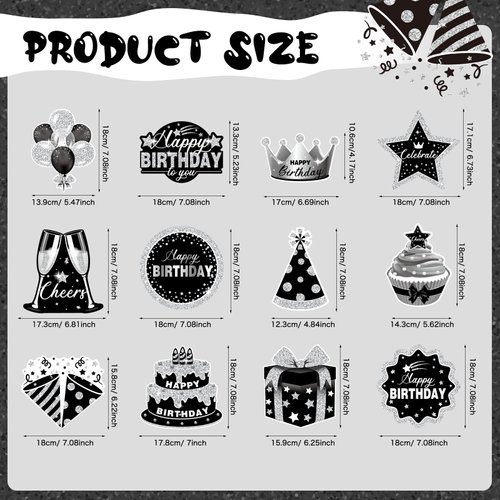 Funrous 30 Pieces Black and Silver Happy Birthday Hanging Swirl Decorations Birthday Party Ceiling Streamers Party Foil Swirls for Kids Women Men Birthday Party Decor Supplies