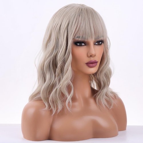 WTHCOS Blonde Wig Short Bob Wig Short Curly Wavy Hair Wig With Bangs Ash Blonde Wig for Women Girls Heat Resistant Synthetic Hair Wigs for Daily Use Cosplay Wig With Wig Cap