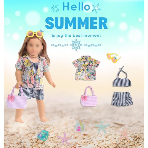 sweet dolly Fashion 18 Inch Doll Clothes Accessories Summer Beach Play Set, Fashion Shirt, Bikini Swimsuit and Handbag Set Fits 18 Inch Dolls (Doll Not Included)