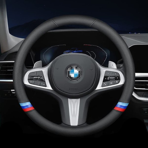 YOUDAXIN New Nappa Leather Car Steering Wheel Cover, Comfortable, Non-Slip, Sport Style Universal 15". Black Blue