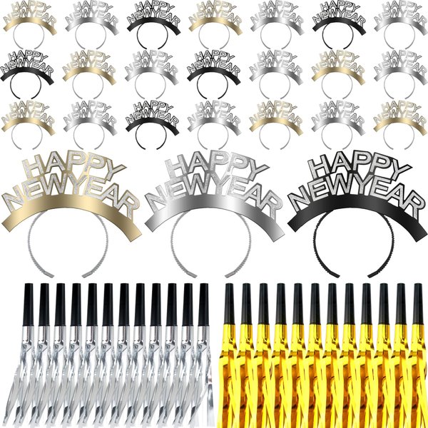 Cagemoga 48 Pcs Happy New Year Party Supplies includes 24 Pcs Glitter Fringed Noise Maker and 24 Pcs Happy New Year Headband Tiara for New Year Eve Party favors