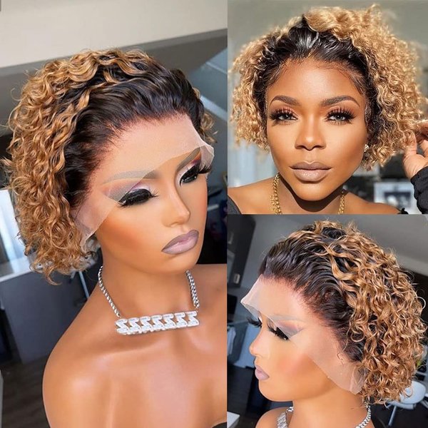afsisterwig Short Pixie Wig Human Hair Curly Lace Wigs Ombre Honey Blonde Hair 13x4 Pixie Lace Front Human Hair Wigs(13X4 1B/27 Blonde)