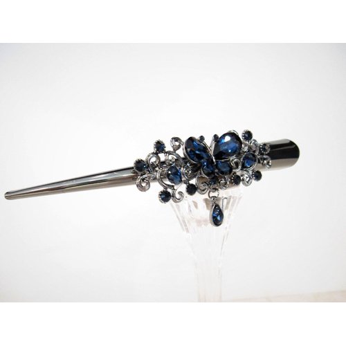 Dark silver butterfly blue crystal flower alligator hair claw clip clamp