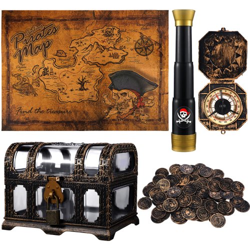 Bencailor 104 Pcs Halloween Pirate Treasure Chest Box Pirate Bronze Pirate Coins Vintage Pirate Map Compass Party Favor Telescope Pirate Accessories for Cosplay Props Party Supplies