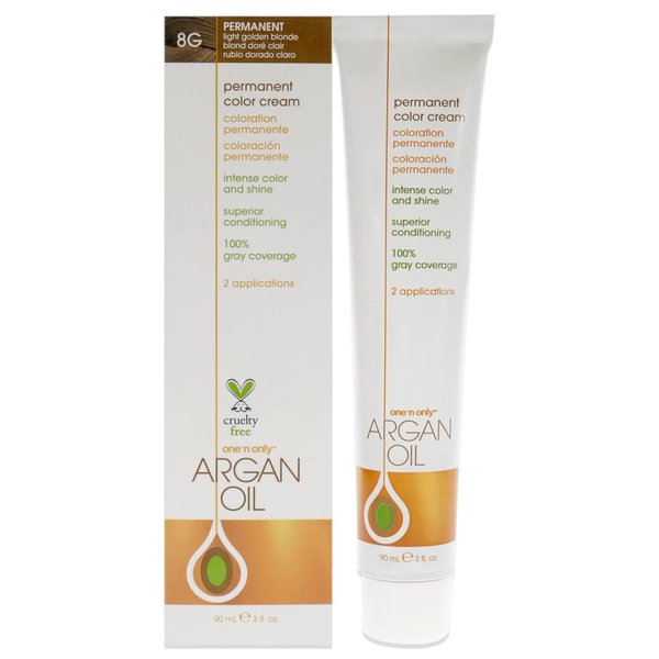 One N' Only Permanent Hair Color - Permanent Hair Dye Made with Argan Oil - Delivers Rich, Accurate Tones with Gray Coverage - Improves Moisture & Elasticity - 8G Light Golden Blonde (3 oz)