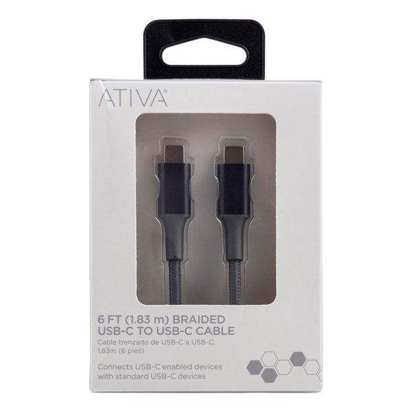 ATIVA® USB-Type-C-to-USB-Type-C Premium Braided Charging Cable, 6', Gray, 45833
