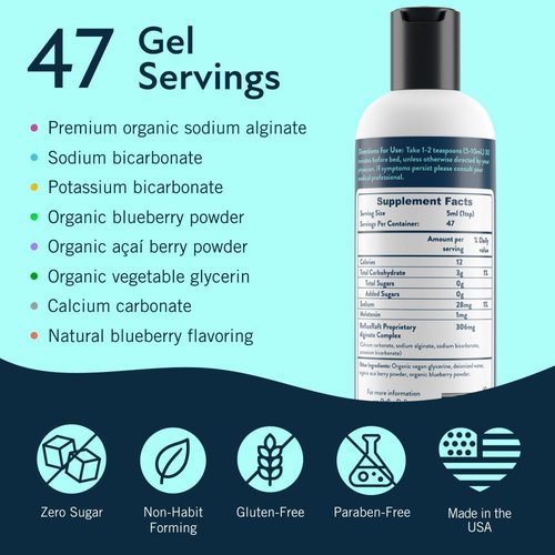 RefluxRaft Acid Reflux Therapy PM with Organic Alginate & Melatonin, Rapid & Lasting Gerd, LPR & Digestion Symptom Support, Zero Sugar, Gluten Free, Midnight Berry, 47 Gel Servings, 8 OZ Bottle