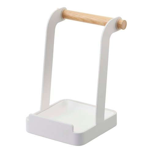 Yamazaki Home Ladle & Lid Rest - Kitchen Utensil Organizer Stand for Cooking Steel + Wood White