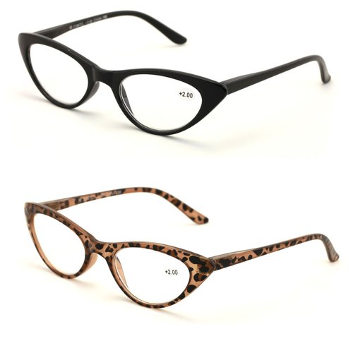 V.W.E. 2 Pairs Deluxe Female Cateye Vintage Reading Glasses Women Readers (1 Black 1 Tortoise, 1.75)