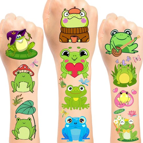 24 Sheets 144 PCS Frog Temporary Tattoos Stickers, Frog Party Favors Birthday Decorations Supplies Gifts for Kids Boys Girls Classroom Rewards