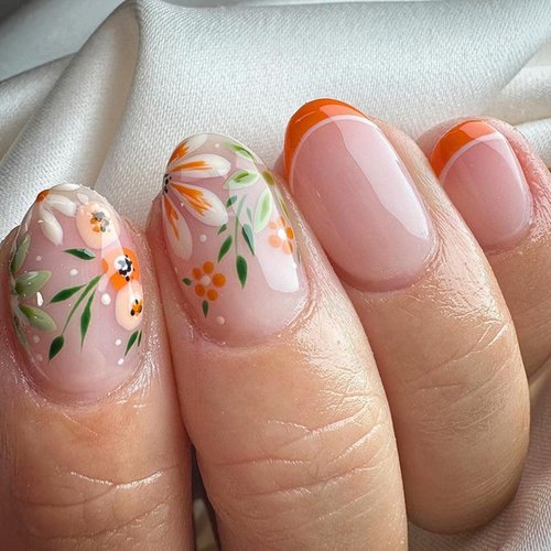 Spring New Year Press on Nails Short Almond French Fake Nails, Orange Leaf Flower Acrylic Nails Tip, Natural Fit Glossy Gel Manicure Stick on Nails with Glue, False Nails Kit 12Sizes 24Pcs