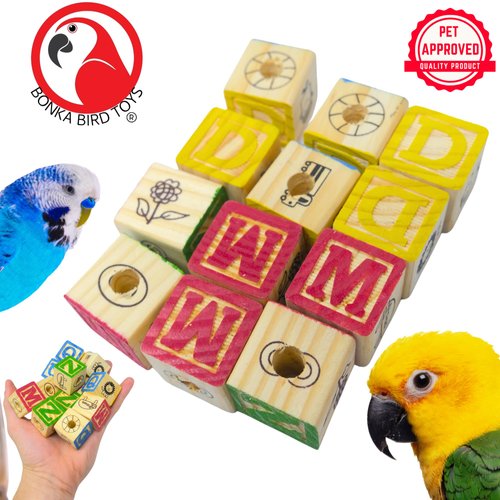 Bonka Bird Toys 2664 PK12 Wooden ABC Blocks Foot Talon Craft Part Parrot Toy, Conure, Amazon, Parakeet, and Similar Breed Sizes