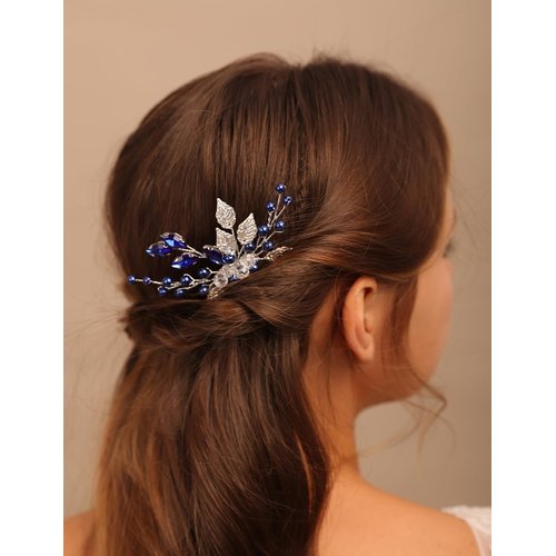Teyglen Silver Leaf Headpiece Royal Blue Crystal Wedding Hair Comb Pearl Rhinestone Hair Piece for Bridal Wedding Hair Accessories for Women (Blue)