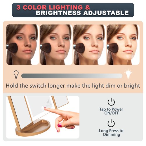 3 Folds Lighted Vanity Makeup Mirror, 2X/3X Magnification, 72 LED Lights Desk Mirror with Touch Screen 3 Color Lighting, Portable Cosmetic Mirror, Gifts for Women, Teen Girls, Leopard Print