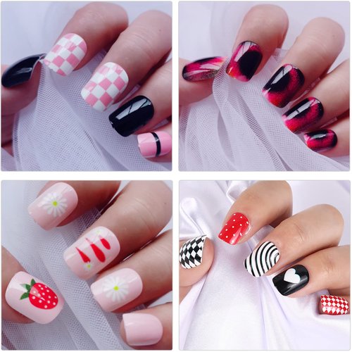 LoveOurHome 288pc Kids Press on Nails Short Square Fake Nails Cute Heart Animal Flower Star Design French False Artificial Fingernails Women Children Girls Manicure Decorations