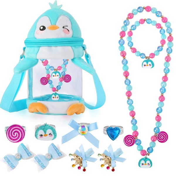 PinkSheep Penguin Gifts for kids Christmas Toy Jewelry for Little Girls: 11 Pack Cute Necklace Bracelet Ring Play Purse Dress up for Girls, 3-6 Year Old Girl Birthday Gifts
