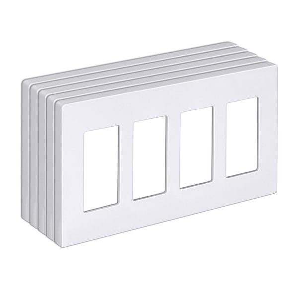 BESTTEN 5 Pack 4-Gang Screwless Decorative Wall Plate, Decorator Outlet Cover, USWP6 Snow White Series, H4.69” x L8.35”, for Light Switch, Dimmer, GFCI, USB Receptacle