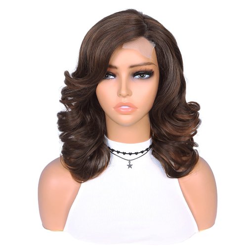 Quantum Love Short Loose Curly Wigs Body Wave Wig for Black Women Side Part Curly Bob Shoulder Length Synthetic Wigs（Mix Brown 16 inches）