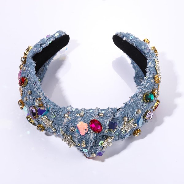 Crystal Knotted Headbands for Women Let's Go Girls Turquoise Cowgirl Boot Headband Rhinestone Embellished Top Knot Hairband Western Country Cowboy Shoe Wide Turban Hair Hoop (B Denim Blue Cowgirl