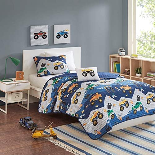 Kids Bedding Boys Orange & Green Monster Trucks Blue Twin Quilt, Sham, & Toss Pillow + Homemade Wax Melts