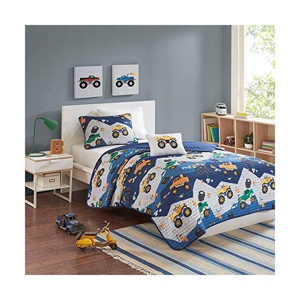 Kids Bedding Boys Orange & Green Monster Trucks Blue Twin Quilt, Sham, & Toss Pillow + Homemade Wax Melts