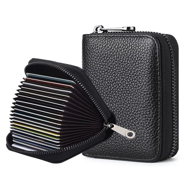 KUVAO RFID Blocking, Leather Credit Card Holder Zipper Wallet With 20 Card Slots, Small Card Case for Women or Men Accordion Wallet with Zipper (Blcak)