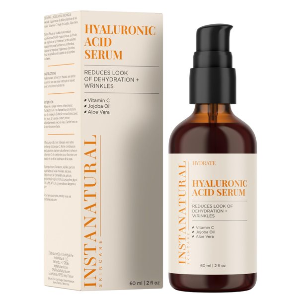 InstaNatural Hyaluronic Acid Face Serum, Brightens, Hydrates, Reduces the Look of Fine Lines and Wrinkles, with Vitamin C, Jojoba Oil, and Aloe Vera, 2 Fl Oz