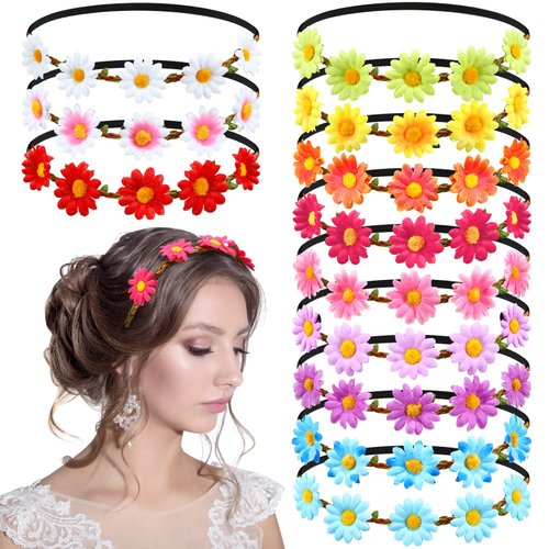 Chunyin 24 Pieces Multicolor Flower Headbands for Women Girls Floral Flower Crown Hippie with Adjustable Elastic Flower Hair Band Hair Accessories for Kids Baby Festival Wedding Party (Vivid)