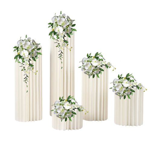 DONNGYZ Foldable Paper Columns 5 Pcs Display Pedestals, Cream White Wedding Centerpieces Display, Cylinder Flower Stand, Paper Roman Pillar for Engagement Birthday Party Decoration - S+M+L+XL+XXL