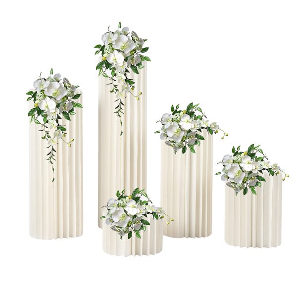 DONNGYZ Foldable Paper Columns 5 Pcs Display Pedestals, Cream White Wedding Centerpieces Display, Cylinder Flower Stand, Paper Roman Pillar for Engagement Birthday Party Decoration - S+M+L+XL+XXL