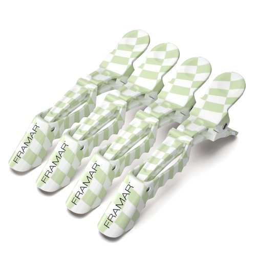 FRAMAR Checkered Hair Clip Set - Alligator Clips For Hair Styling, Hair Styling Clips Sectioning, Barber Hair Clips, Barber Supplies, Green Hair Clips For Women Styling, Salon Hair Clips – 4 Pack