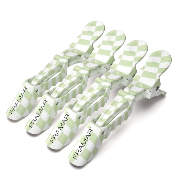 FRAMAR Checkered Hair Clip Set - Alligator Clips For Hair Styling, Hair Styling Clips Sectioning, Barber Hair Clips, Barber Supplies, Green Hair Clips For Women Styling, Salon Hair Clips – 4 Pack