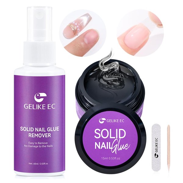 Gelike EC Solid Nail Glue Gel 15ml with Remover 60ml, Nail Glue Kit for Press on Tips…