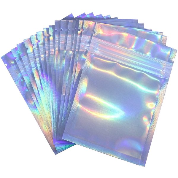 100 Pack Resealable Smell Proof Bags, NinBase Foil Ziplock Bags, Flat Clear Ziplock Food Storage Bags Plastic Packaging Foil Bags, Holographic Rainbow Color （4 x 6 inches）