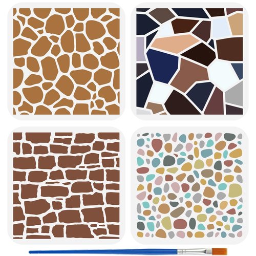 FINGERINSPIRE 4PCS Stone Grain Stencils for Painting with Brush 5.9x5.9inch Reusable Irregular Pattern Template Hollowed Wall Art Stencil Plastic PET Daily Theme Template for Furniture Decoration