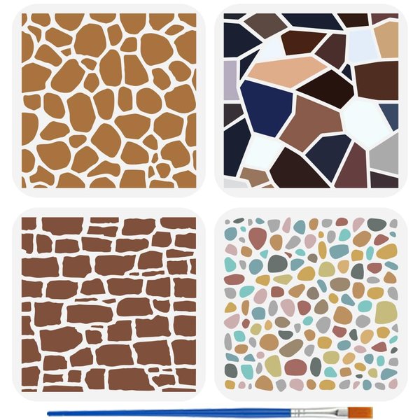 FINGERINSPIRE 4PCS Stone Grain Stencils for Painting with Brush 5.9x5.9inch Reusable Irregular Pattern Template Hollowed Wall Art Stencil Plastic PET Daily Theme Template for Furniture Decoration