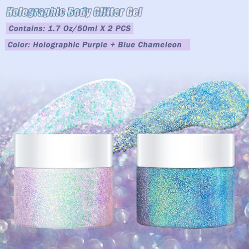 2 Packs Holographi Face Body Glitter Gel, Sparkle Color Changing Face Glitter Gel, Mermaid Sequins Glitter Face Paint, Chunky Hair Glitter Gel for Concerts Party Mardi Gras Festival, 50ML x 2