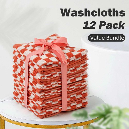 Super Soft Wash Cloths(Orange Checkered), 12 Pack Washcloths Facecloth, Cotton Face Towels Set for Body Showering 13x13 Inches, Gifts