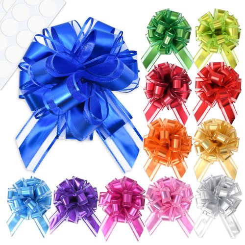 12 PCS Pull Bows for Gift Wrapping, 6 Inch Multiple Colors Big Gift Bows with 20 Self-Adhesive Dots, Reusable Ribbon Bows for Wrapping Boxes, Baskets, Weddings, Birthdays & Flower Decorations