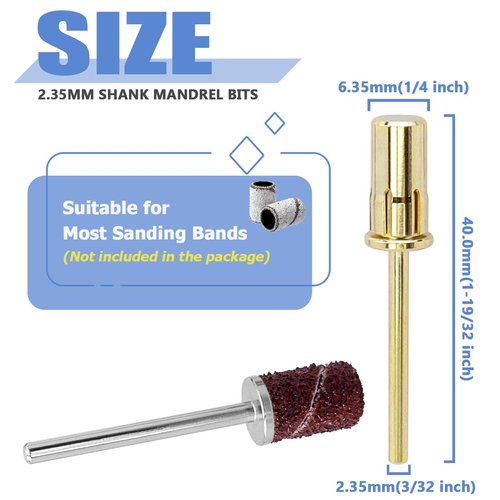 Mesee 2 Pieces Nail Sanding Bands Mandrel Bit Set 2.35mm Shank Easy-Off E-file Nail Drill Mandrel Bits for 6.5mm Small Sanding Bands Acrylic Gel Nails Manicure and Pedicures Care