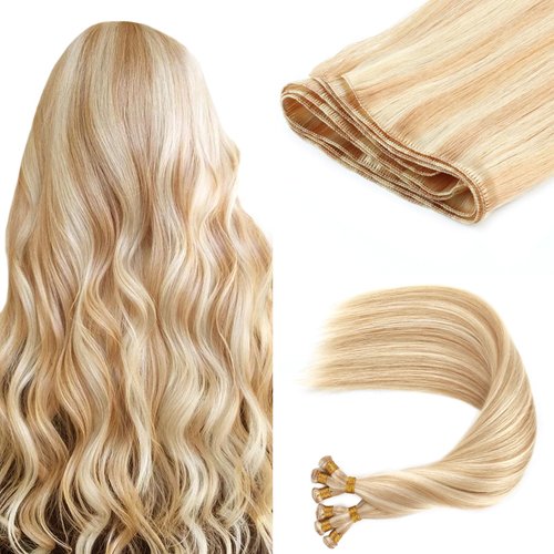 ABH AMAZINGBEAUTY HAIR Hand Tied Weft Hair Extensions Human Hair Highlighted Sew in Hair Extensions Remy Human Hair Weft Extensions Platinum Dark With Dirty Blonde Highlights P12-60, 50 Gram, 18 Inch