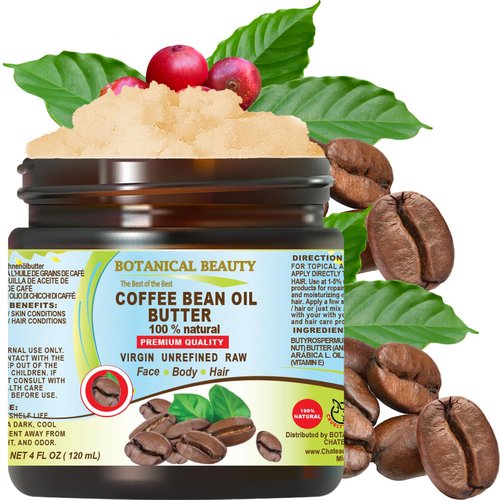 Botanical Beauty COFFEE BEAN OIL BUTTER 100% Natural VIRGIN RAW UNREFINED 4 Fl.oz.- 120 ml. Coffee Bean Essential Oil in Shea Nut Butter for FACE, SKIN, BODY, HAIR, NAILS.
