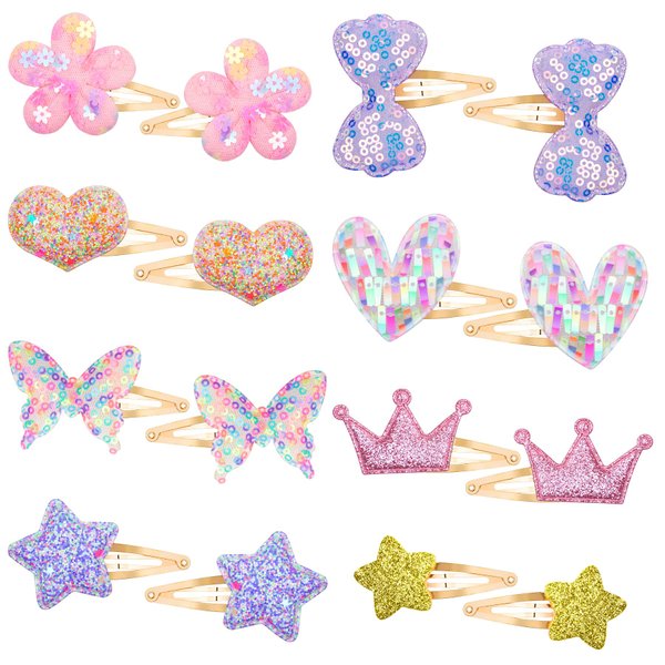 Gingbiss 8 Pairs/16 Pack Hair Clips for Girls, Flower/Star/Crown/Heart/Butterfly Shaped Kids Hair Barrettes, Cute Hair Clips Metal Snap Hair Pins Sparkly Hair Styling Accessories for Girls Kids