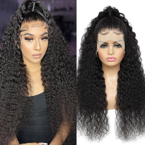 CIUSUM Deep Wave Lace Front Wigs Human Hair Pre Plucked 28 Inch Curly Lace Front Wig Human Hair Wig 180% Density 13x4 Deep Wave Frontal Wig Glueless Transparent HD Lace Front Wigs for Women 1B