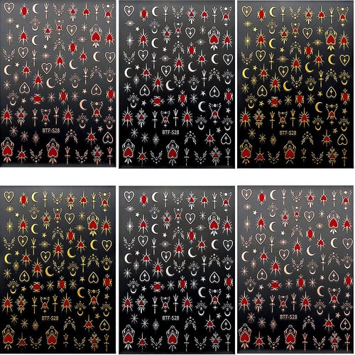Retro Heart Star Moon Nail Art Stickers, 3D Bronzing Gold Silver Nail Stickers Star Nail Sticker Moon Nail Decals Self Adhsive Heart Stickers for Nails DIY Nail Designs Women Nail Supplies,6 Sheets
