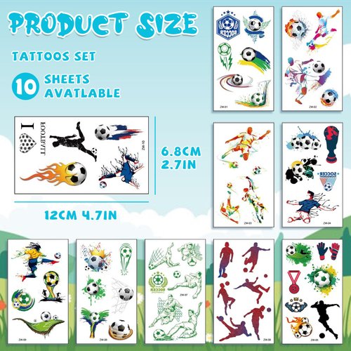 10 Sheets Soccer Tattoos Temporary for Kid Adult,Football Fake Tattoos Designs, Waterproof Body Art Stickers, Fan Games Event Tattoo Decorations, Party School Reward Prizes Supplies